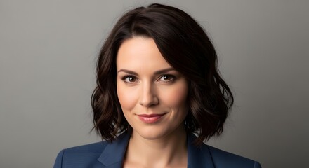 Fototapeta premium A professional headshot of a woman with dark, wavy hair and a blue blazer against a grey background.