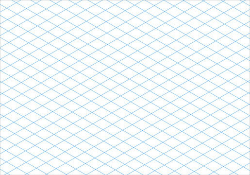 Isometric grid blue line guide pattern. 3d perspective paper backdrop. Notebook sheet blank. Squared grid paper. Mathematics cube pattern. Typography template for making notebook production for school