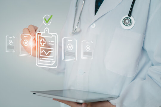 Close up doctor using digital tablet for systematic medical record review, clinical audit, automated validation for healthcare regulation compliance in clinic, system quality assurance and safety.