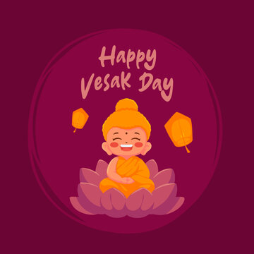 This Buddhist-themed greeting card illustration features a Buddha character sitting on a lotus decorated with two orange flying lanterns and the words "Happy Vesak Day" at the top.