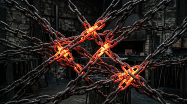 Chains are connected together in a complex pattern inside an old workshop