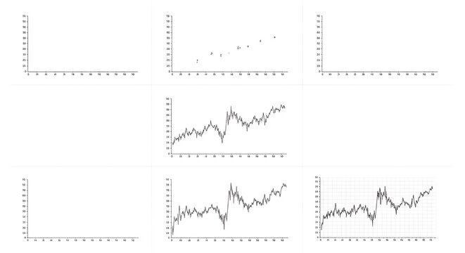 Set of hand-drawn minimalist data charts, line graphs and empty coordinate systems for business analysis and financial statistics on white background