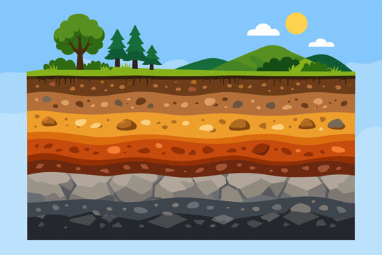Cross section of layered earth strata showing ground soil layers with trees, grass, and vegetation on the surface. Educational diagram of geological underground structure with rocks and mineral.