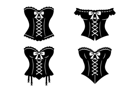 Set of four black vintage corsets with ribbon bows and lace-up design in flat silhouette. Victorian style lingerie, steampunk bodices, and feminine undergarments for fashion design and icons.