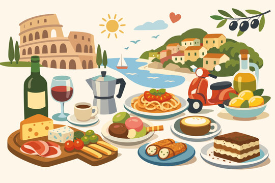 Vibrant Italian Food and Lifestyle Illustration featuring Wine, Cheese, Pasta, Gelato, Tiramisu, Colosseum, and Coastal Village. Flat Vector Design of La Dolce Vita Culture and Mediterranean Cuisine.