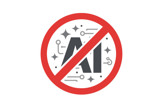 No AI Prohibition Sign with Red Strikethrough over AI Letters and Sparkle Symbols, Representing Human-Only Content, Artificial Intelligence Ban Icon for Digital Art, Ethics, and Creative Media.