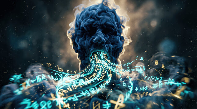 A swirling cloud of smoke takes the form of a head and expels blue light filled with strange symbols and letters