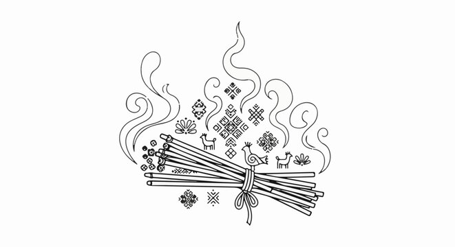 Stylized bundle of sticks with smoke, folk art patterns, birds, and deer