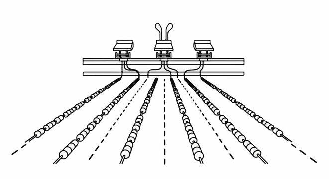 Industrial mechanism with a horizontal bar and multiple hanging chains of beads