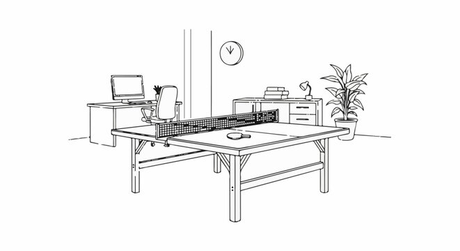 Office desk and chair next to a ping pong table with paddle