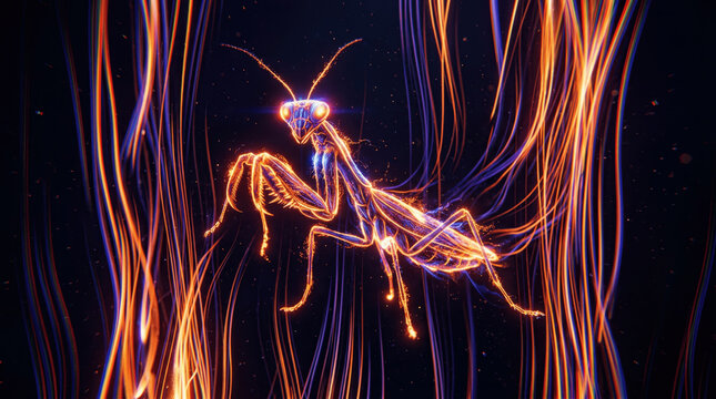 A mantis stands in a dark space surrounded by bright, glowing lines