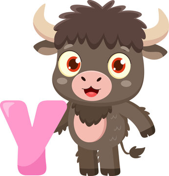 Cute Yak Alphabet With Letter Y Cartoon Character &ndash; Vector Illustration Flat Design Isolated On Transparent Background