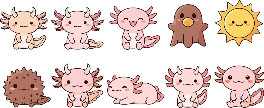 Cute axolotl cartoon character set with smiling aquatic creatures sun and funny doodle animals for kids stickers, nursery decor, and playful vector illustration