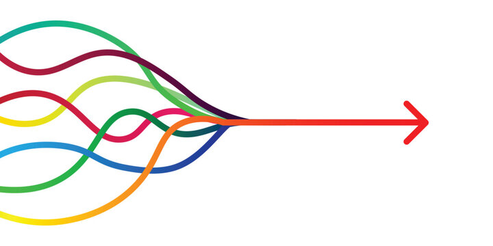 Colorful gradient merging arrows icon design. Vibrant color blend arrow merge icon. Vector illustration on transparent background.