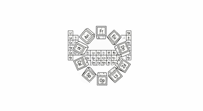 Periodic table elements arranged in a circular pattern with some elements highlighted