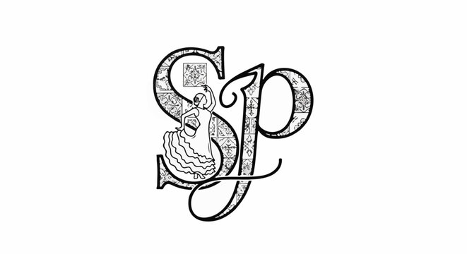 Ornate SP monogram with flamenco dancer and tiled patterns