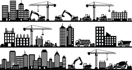 Urban construction silhouettes, city building machinery, development process © mstsahera