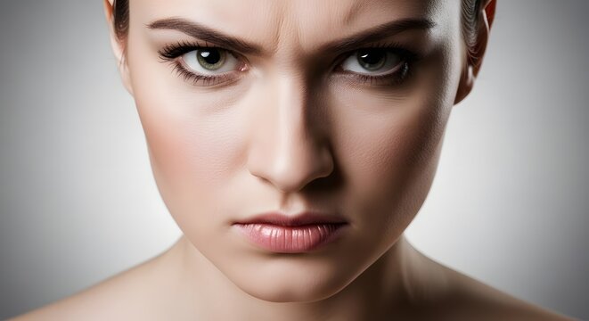 Close-up portrait of a woman with a furrowed brow and an intense, angry, or stern expression looking directly at the viewer.