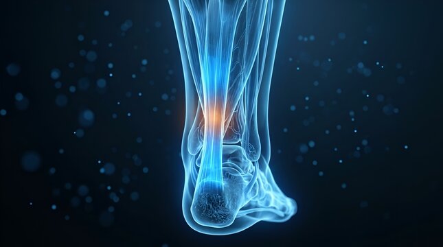 Futuristic digital representation of a human ankle joint highlighting inner anatomy and potential medical visualization techniques
