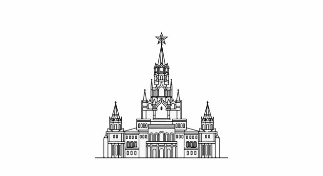 Intricate line drawing of a grand historic building with a tall spire and star