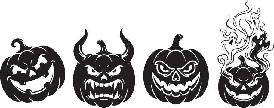 Halloween pumpkins, spooky faces, evil jack-o-lanterns, black vector icons