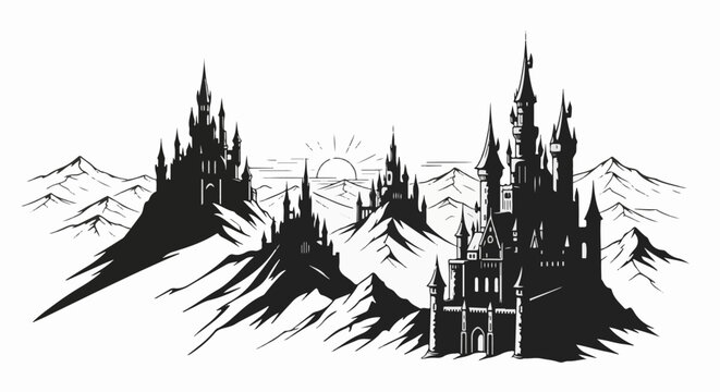 Majestic silhouette of multiple fantasy castles nestled within jagged, snow-capped mountains under a rising sun