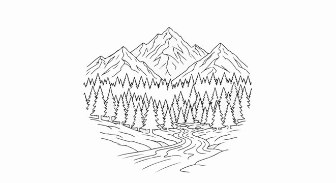 Majestic mountain range towering over a dense pine forest with a winding river