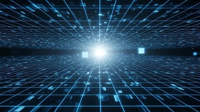Digital grid receding into a bright light in a futuristic cyberspace