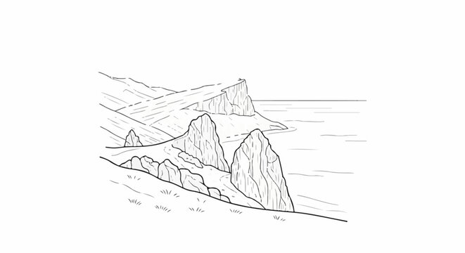 Craggy seaside cliffs meet the calm ocean under a wide sky