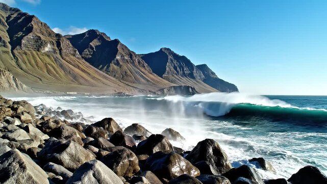 Cinematic Ocean Waves Crashing Against Rocky Shore with Mountains