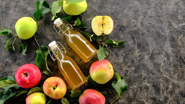 Apple cider vinegar against a background of apples. Selective focus.