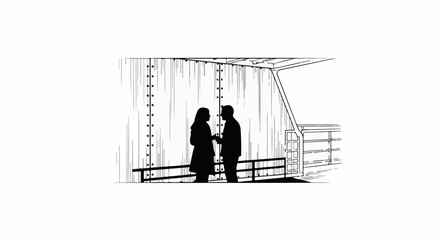 Silhouetted couple stands on a bridge, holding hands, amidst industrial structure © tina