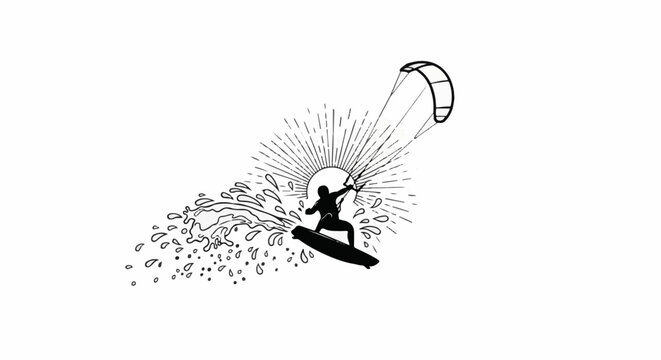 Black silhouette of kite surfer jumping water splashes with stylized sun rays