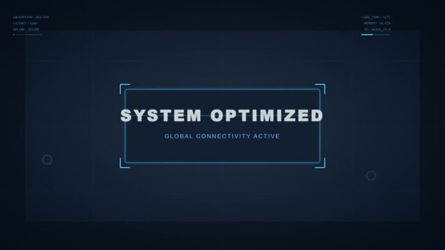 Futuristic Cyber Security Interface Showing System Optimized Global Connectivity Status