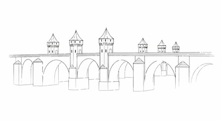 Obraz premium An old stone bridge with towers and arches, drawn in sketch style