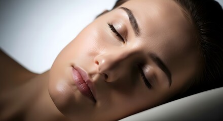 Naklejka premium Close-up of a young woman's serene face with closed eyes, resting peacefully in soft, gentle light, conveying tranquility and relaxation.