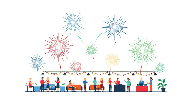 Various small cartoon people gathered at an outdoor event under string lights and an array of colorful fireworks in the sky presented on a clean white background for design.