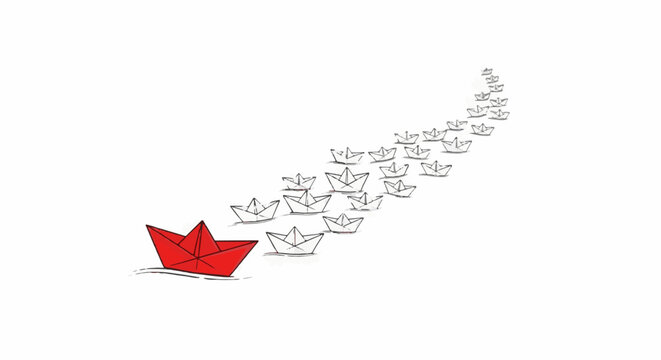 A single red paper boat leads a line of gray sketched paper boats