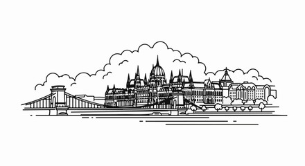 Fototapeta premium A city skyline featuring a grand parliament building and a suspension bridge