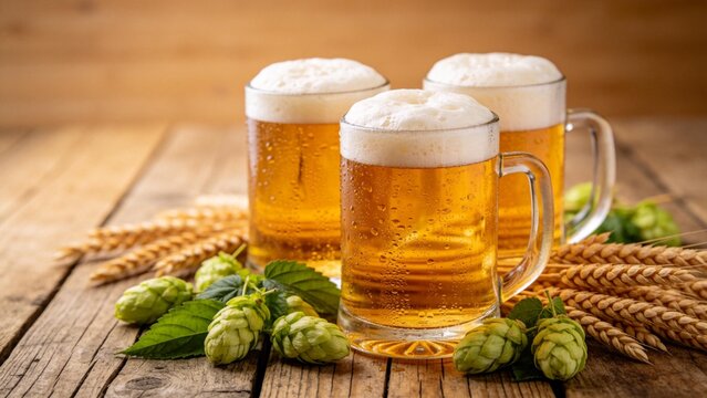 Three mugs of beer with hops and wheat