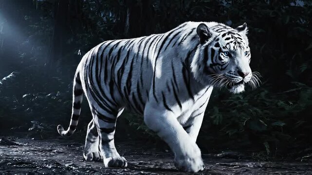 Rare White Tiger Prowling Through a Dark, Misty Jungle