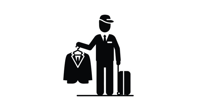 Black and white icon of a bellboy carrying a suit and a suitcase.
