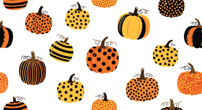 An array of decorative pumpkins showcasing unique patterns such as stripes, polka dots, and solid autumnal orange hues arranged randomly on a crisp white surface background.