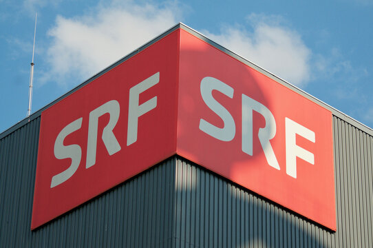 SRF SSR (Schweizer Radio und Fernsehen) television media sign at headquarters in Zurich
