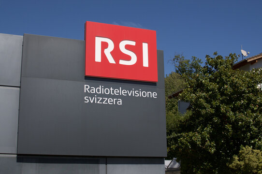 RSI sign (Radio Svizzera Italiana) sign on the television studio's building in Comano, Switzerland