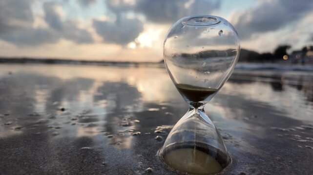 An hourglass on the beach with gentle waves flowing around it at sunset. Concept of passing time, fleeting moments, life transition, and time management. 4K slowmotion footage.