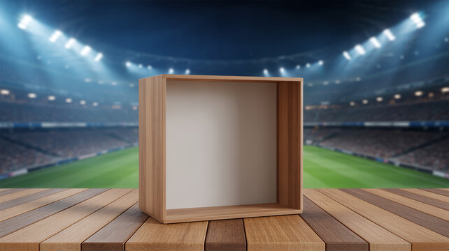 Empty wooden box on a football field with stadium lights in the background