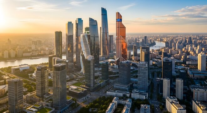 Expansive aerial cityscape at sunset, with numerous towering skyscrapers bathed in the warm, golden light of the declining sun, overlooking a vast urban sprawl