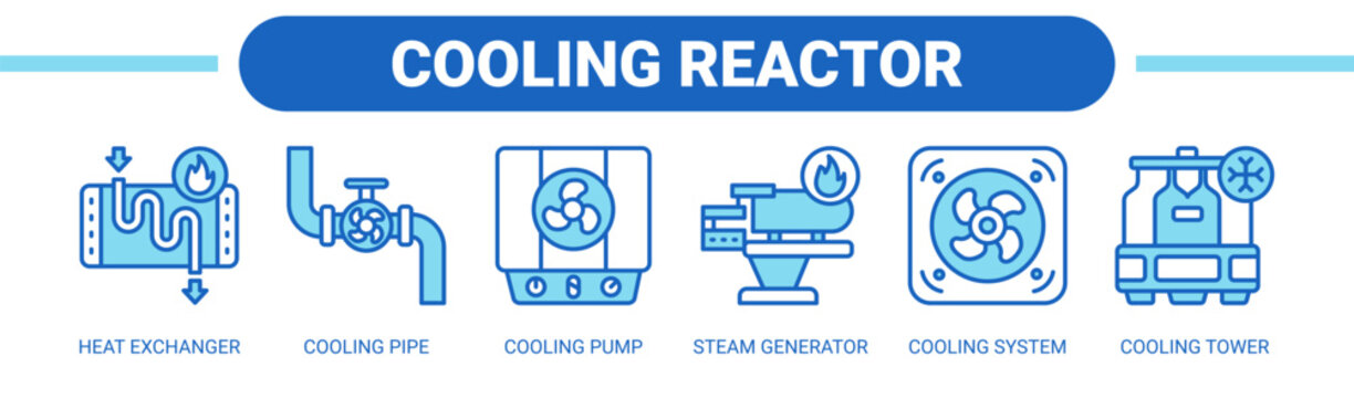 Cooling Reactor web banner icon vector illustration concept with icons of heat exchanger, cooling pipe, cooling pump, steam generator, cooling system, and cooling tower. 