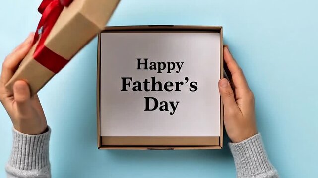 Top-down view of hands open a gift box tied with a red ribbon perfect for father's day celebration
